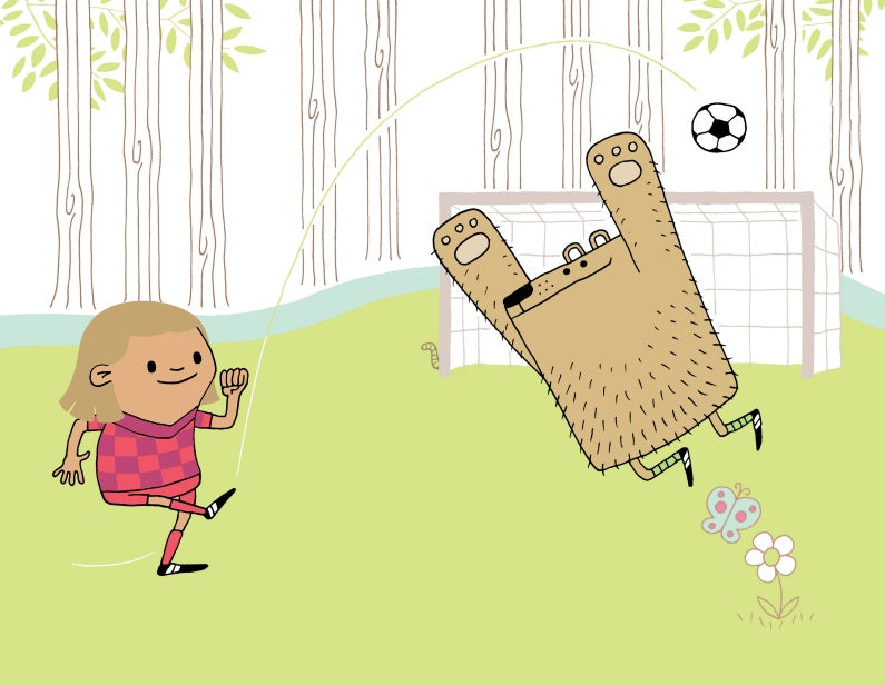 Original illustration by Tom Chitty from My Little Dream Team personalised picture book showing little girl scoring a goal in football/soccer while her best friend Bear tries to save it.