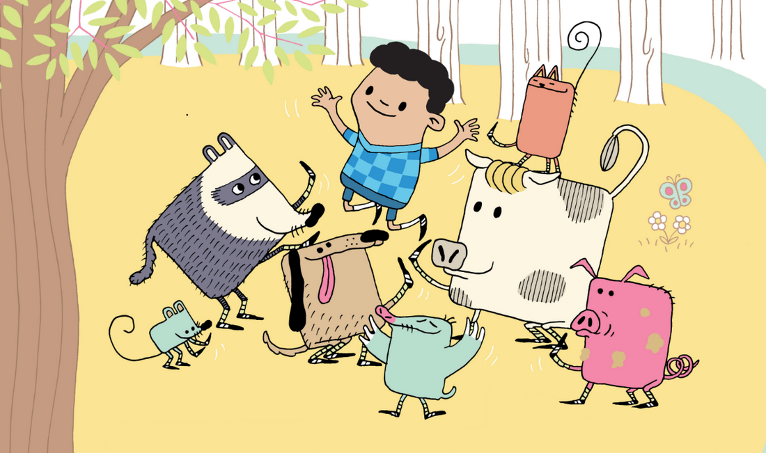 Original illustration by Tom Chitty from My Little Dream Team showing personalised children's character as the hero surrounded by animal friends as an illustration of self-worth.