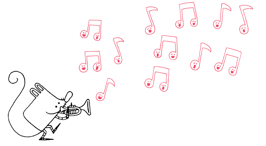 Original illustration of a mouse playing a trumpet from My Little Wellbeing Activity Book. Why Rhyme and Rhythm boost memory